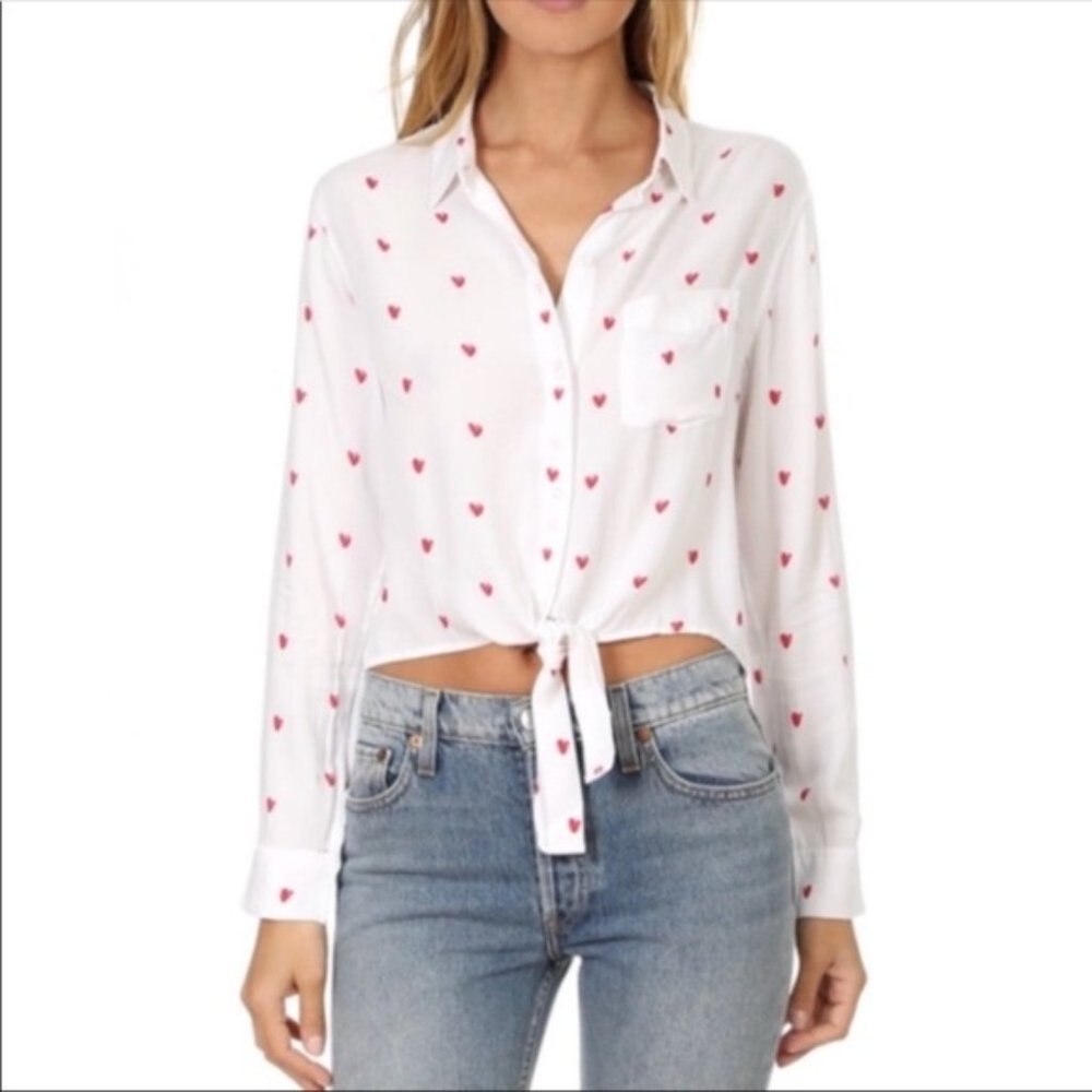 Rails White Button-Down Shirt with Red Heart Print